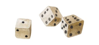 Üç suluboya zar, izole edilmiş, beyaz arkaplan üzerinde