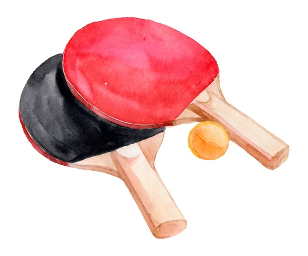 Watercolor Black Red Table Tennis Racket Yellow Ball — Stock Photo, Image