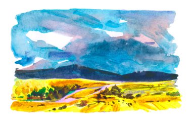 Ukrayna bayrağı. Mavi gökyüzü ve sarı dosyalanmış. Suluboya çizimi