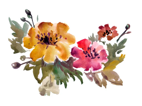 Watercolor Flowers Leaves Branches Isolated White Sketched Colorful Wreath Groups — ストック写真