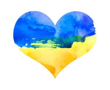 Barış ve aşkın sembolü. Kalp şeklinde Ukrayna bayrağı Beyaz Arkaplanda izole edildi. El boyası. Birlik ve Bakım Konsepti.