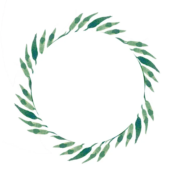 Grüne Aquarellblätter Als Rahmen Auf Weißem Hintergrund Flache Lage — Stockfoto
