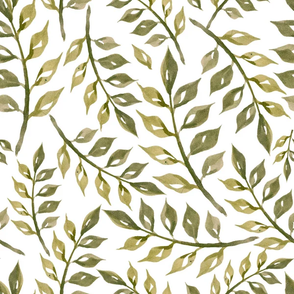 Χειροποίητο Μοτίβο Πράσινων Φύλλων Κλαδιά Λευκό Φόντο Διακοσμητική Ακουαρέλα Floral — Φωτογραφία Αρχείου