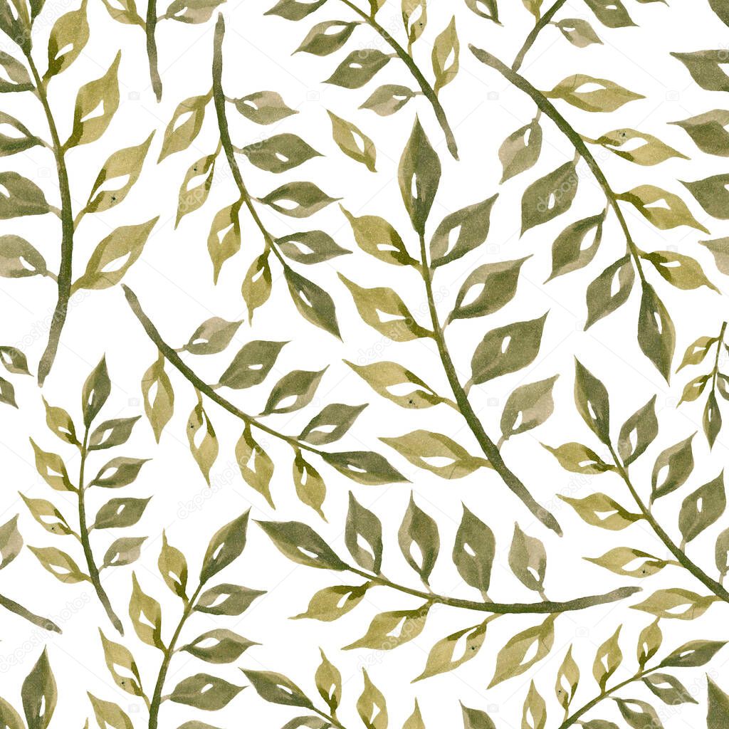 Hand drawn seamless pattern of green leaves with branches on a white background. Decorative watercolor floral illustration for greeting card, invitation, wallpaper, wrapping paper, fabric, packaging