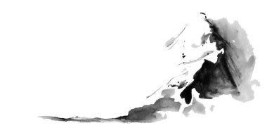 Soyut manzarayla çizilmiş mürekkep el çizimi. Nehirli siyah beyaz kış manzarası. Kart, arkaplan, poster için minimalist el çizimi. El çizimi suluboya çizgileri.