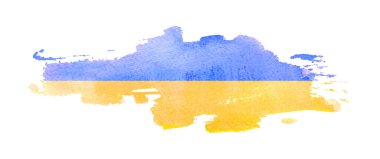 Ukrayna bayrağının şeritleri beyaz arka planda boyalarla boyanmıştır. Beyaz arka planda Ukrayna bayrağı. Parlak renkler. Sarı-mavi bayrak. Savaşa hayır. Bir fırçayla bir bayrak boyanır.