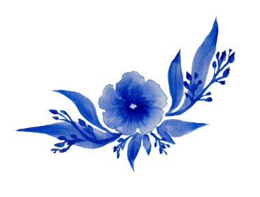 Beyaz arkaplanda çiçeğin mavi suluboya çizimi