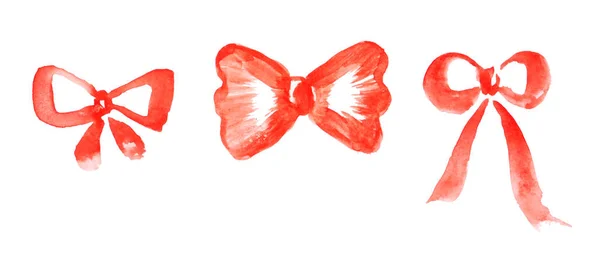 Set Three Watercolor Red Ribbon Satin Bows Isolated White — Stockfoto