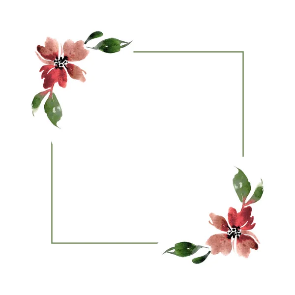 Watercolor Frame Pink Flower Buds Branches Leaves Isolated White Background — Stock Photo, Image