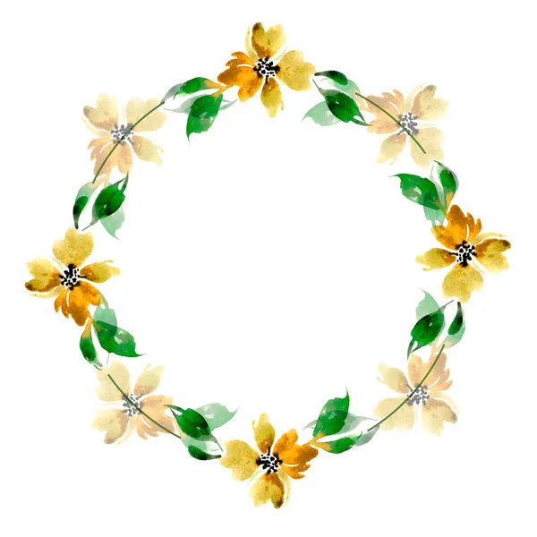Zusammensetzung Der Blumen Kranz Aus Verschiedenen Gelben Blumen Auf Weißem — Stockfoto