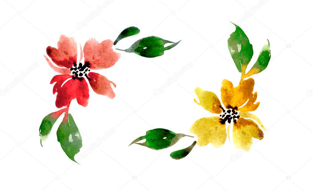 Painted abstract red and yellow flowers on a white background