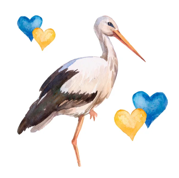 Watercolor White Stork Ukraine Blue Yellow Hearts White Background — Stockfoto