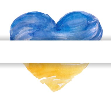 Ukrayna 'daki savaşı durdurun. Beyaz zemin üzerinde, ulusal bayrak renklerinin, sarı ve mavi kalbin, telif alanı ile en üst görünümü