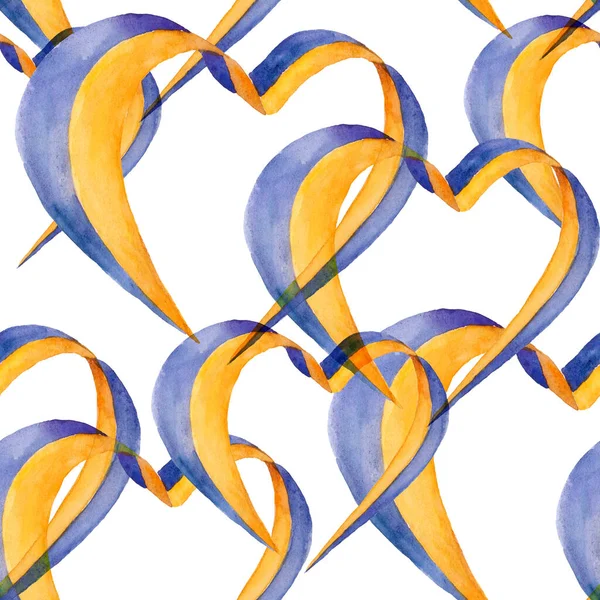 Kalp Sarı Arkaplanda Mavi Saten Kurdeleden Yapılmış Kopyalanmış Sevgililer Günü — Stok fotoğraf