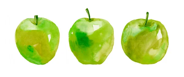 白を基調とした3つの緑のアップル 水彩画 — ストック写真