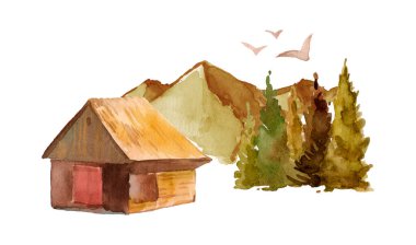 Suluboya yaz manzarası. Beyaz arkaplandaki köy