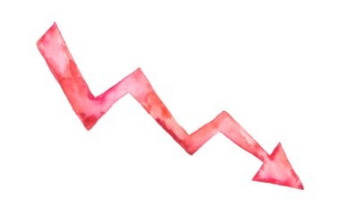 Painted watercolor red down arrow on white background
