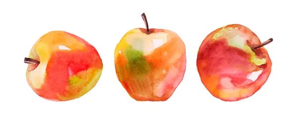 Three Watercolor Red Apples White Background — Fotografia de Stock