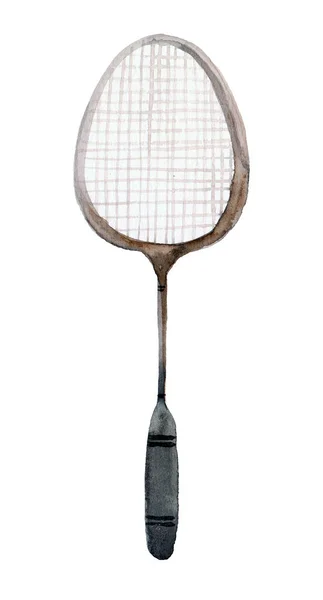 Watercolor Black Badminton Racket Isolated White Background — ストック写真