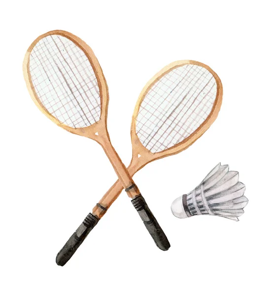 Watercolor Badminton Rackets Shuttlecock Isolated White Background — ストック写真