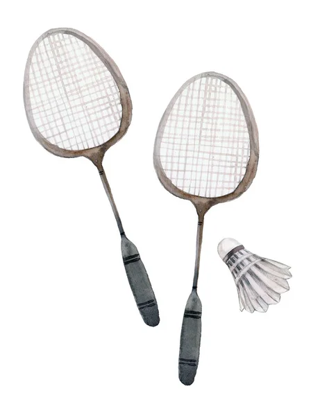 Watercolor Badminton Rackets Feather Shuttlecocks Isolated White Background — Stock Fotó