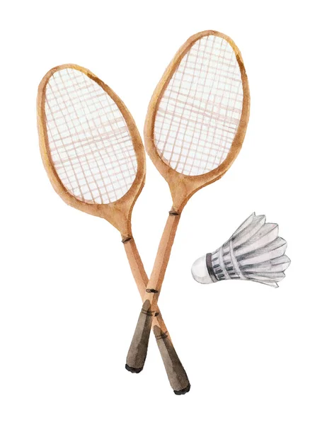 Aquarel Badminton Racket Geïsoleerd Witte Achtergrond — Stockfoto