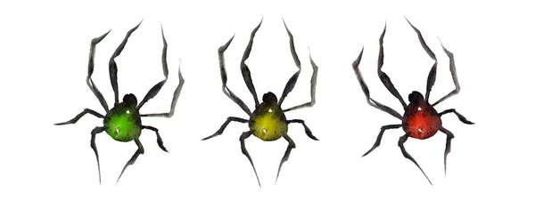 Big Black Toy Watercolor Spiders White Background Halloween Copy Space — Fotografia de Stock