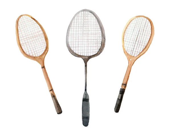 Badminton Aquarel Drie Rackets Geïsoleerd Witte Achtergrond — Stockfoto