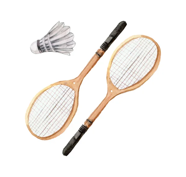 Badminton Waterverf Houten Rackets Shuttlecocks Geïsoleerd Wit — Stockfoto