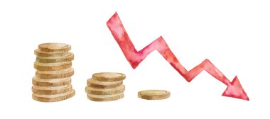Kırmızı okları olan suluboya para yığınları - Para kaybı kavramı