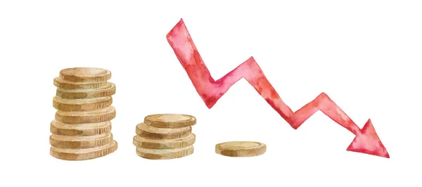 Akvarel Hromádky Mincí Červenou Klesající Šipkou Koncept Ztráty Peněz — Stock fotografie