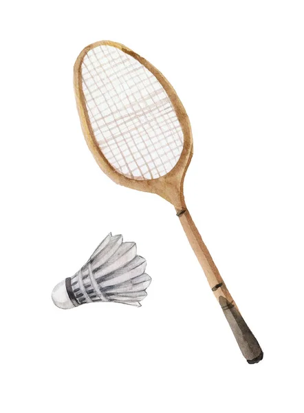 Watercolr Wooden Badminton Racket Shuttlecocks Isolated White — Stockfoto