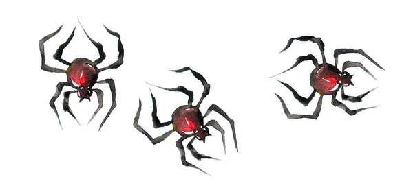 Watercolor Black Spiders Red Isolated White Comic Horror Halloween — ストック写真