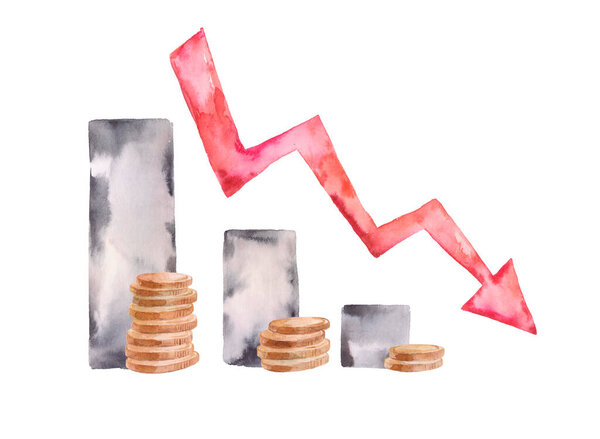Inflation. Watercolor illustration. The recession of the economy and the euro. The concept of economic collapse and the collapse of the stock exchange in the euro zone. Stacks of coins and a graph arrow pointing down.