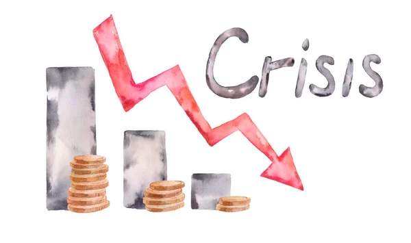 Globální Finanční Krize Koncept Červenou Šipkou Jít Dolů Zlatými Mincemi — Stock fotografie