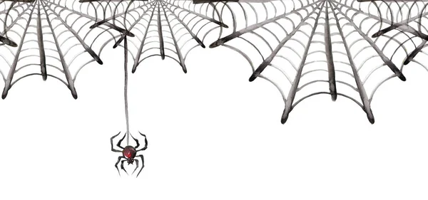 Fekete Akvarell Pók Szakadt Háló Félelmetes Pókháló Halloween Szimbólummal Fehér — Stock Fotó