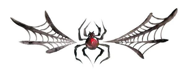 Watercolor Spider Spiderweb Illustration Painted Isolated Halloween Elements White Background — Photo