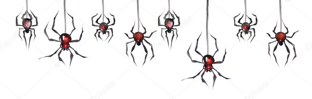 Set of watercolor painted funny cartoon spiders. For the design of cards, gags, invitations.