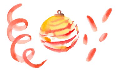 Yay, kırmızı dekor ve taşaklı Noel kompozisyonu. Beyaz arka planda izole edilmiş Noel suluboya el çizimi. Bayram tebrik kartı, klasik tarzda davet