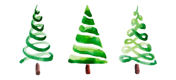 Set Christmas Trees Cute Watercolor Hand Painted Creating Card — Stock Photo, Image