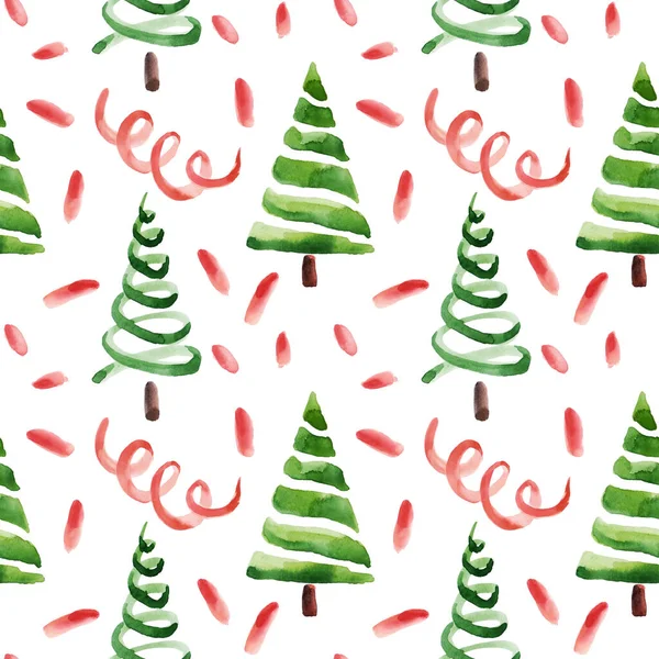 Christmas Tree Branches Ribbons Watercolor Seamless Pattern Background Fabric Wallpaper — Stock Photo, Image