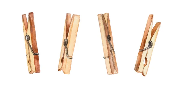 Wooden Clothespins Watercolor Illustration Isolated White Background — Stok fotoğraf