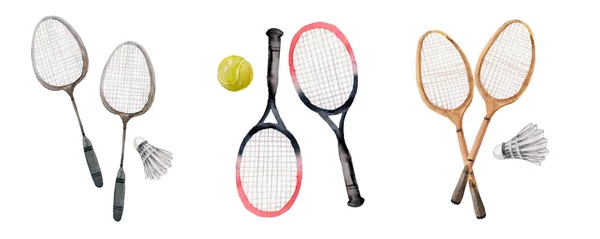 Tennis Racket Bal Uitrusting Voor Badminton Spel Sport Aquarelillustratie — Stockfoto