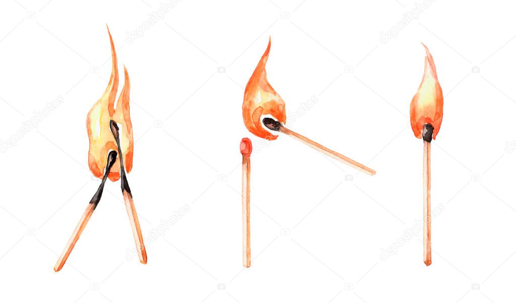 Burning match. Watercolor illustration isolated on white.