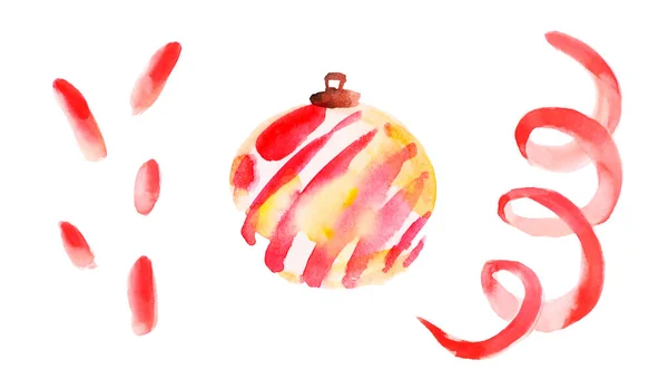 Red Watercolor Shiny Ball Happy New Year Colorful Serpantine — 图库照片