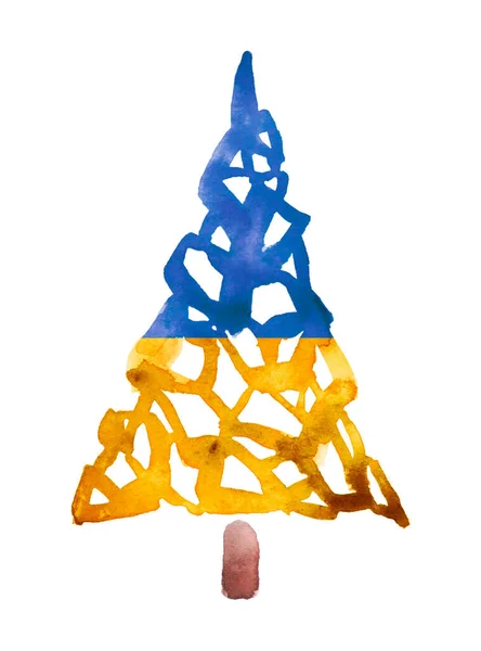 Applique Christmas Tree Blue Yellow White Background Greeting Card Happy — Stock Fotó