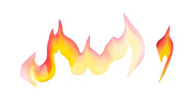 Watercolor fire isolated on white background. Tongues of flame, template for text or lettering. Hand drawn yellow and orange aquarelle burning bonfire, campfire silhouette with sparks.