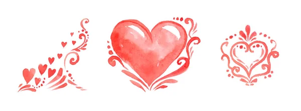 Set Watercolor Hearts Raster Illustration White Background — ストック写真