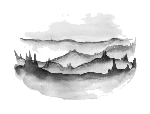 Стилізоване Фарбування Чорного Чорнила Туманними Лісовими Деревами Білому Тлі Традиційний — стокове фото