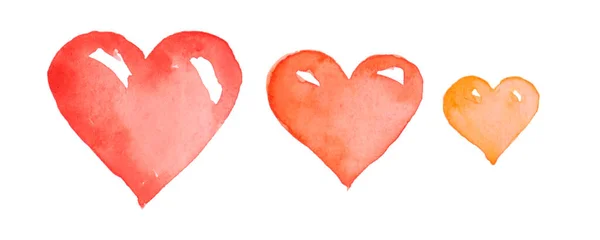 Watercolor Image Three Hearts Different Shades Red Color Even Row — Stok fotoğraf